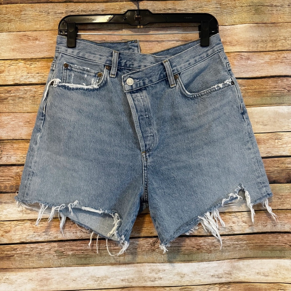 Agolde Light Blue Distressed High-Rise Jean Shorts